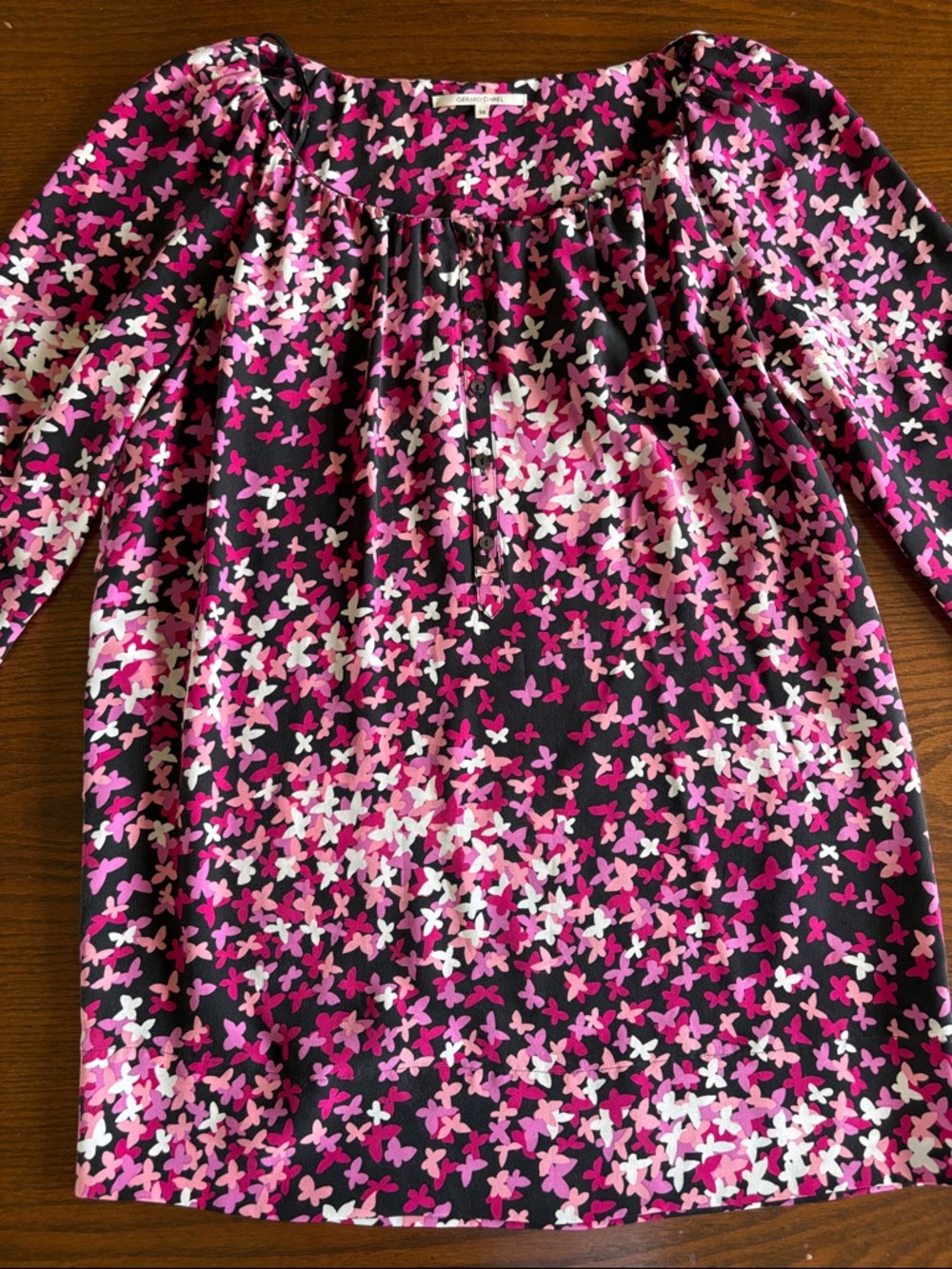 Gerard Darel silk butterfly print tunic length button front blouse EUC